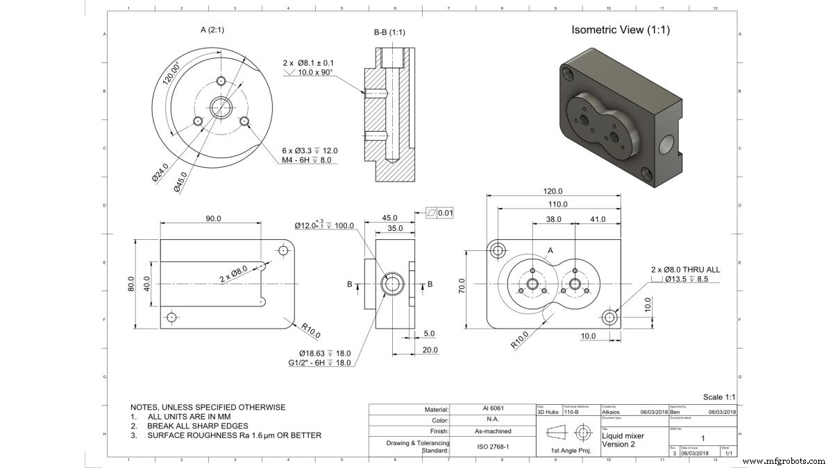 Example CNC drawing: Liquid mixer Version 2, aluminum 6061, with three views, an isometric view and dimensional tolerances