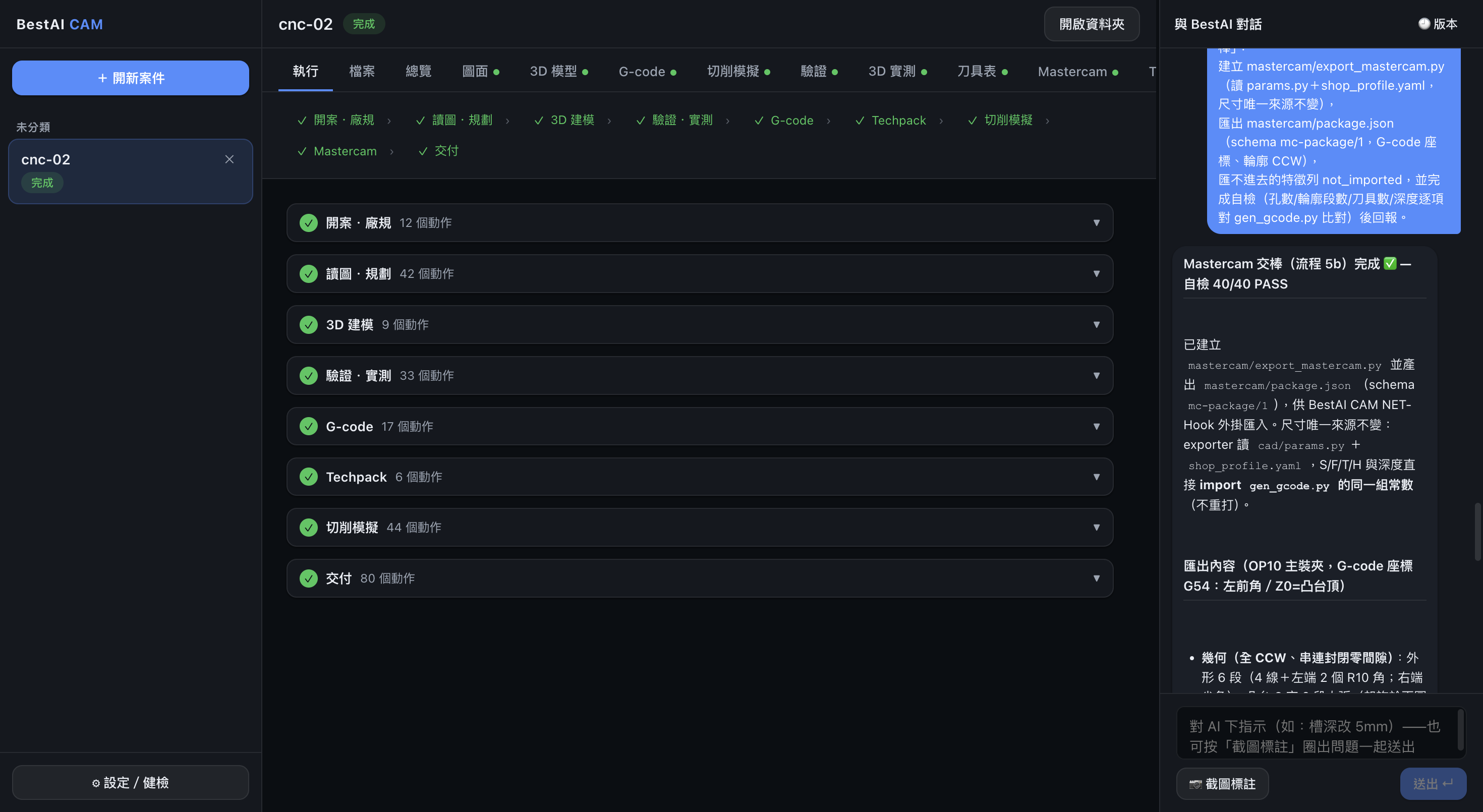 BestAI CAM run view: the nine-stage bar at the top all shows green checks, a timeline lists the action count per stage, and a chat panel on the right shows the AI's closing summary